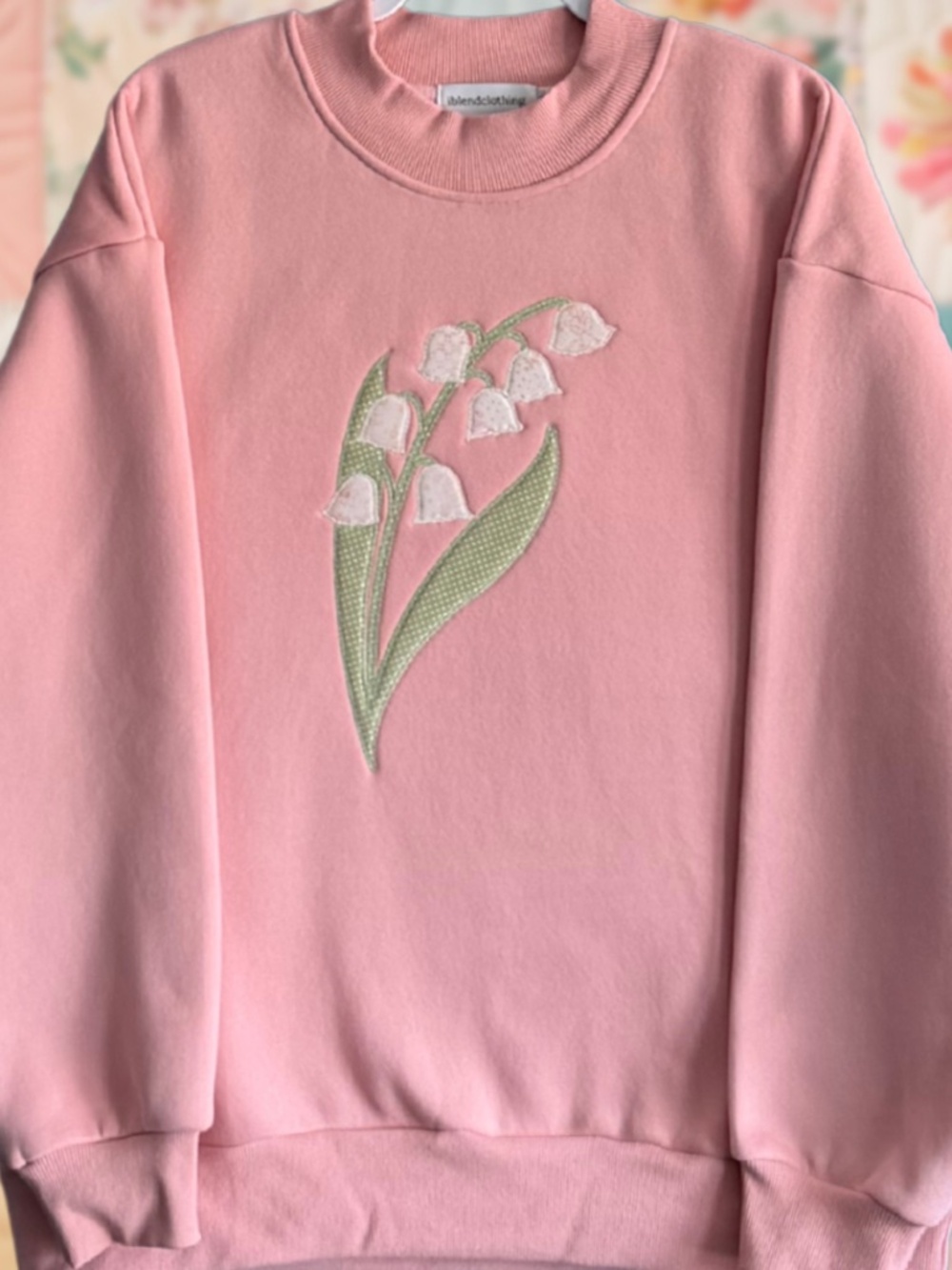 Lily of the Valley Embroidered Cotton Pink Mockneck Sweatshirt
